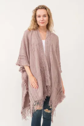 RAJ ISSEY CROCHET BORDER PONCHO RUANA ROSEWOOD