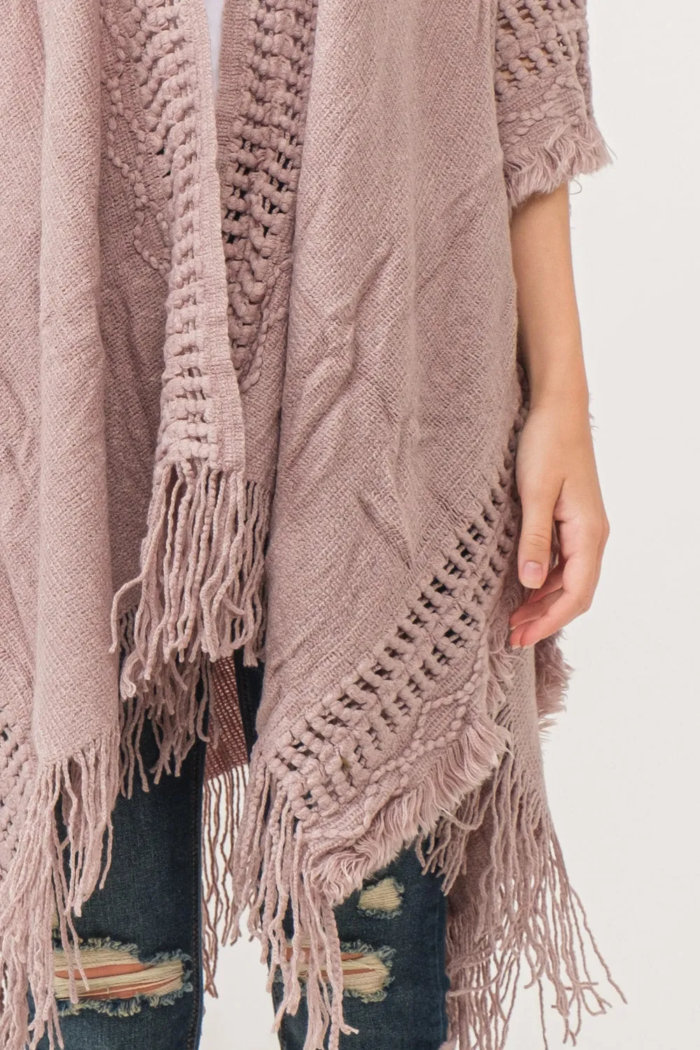 RAJ ISSEY CROCHET BORDER PONCHO RUANA ROSEWOOD