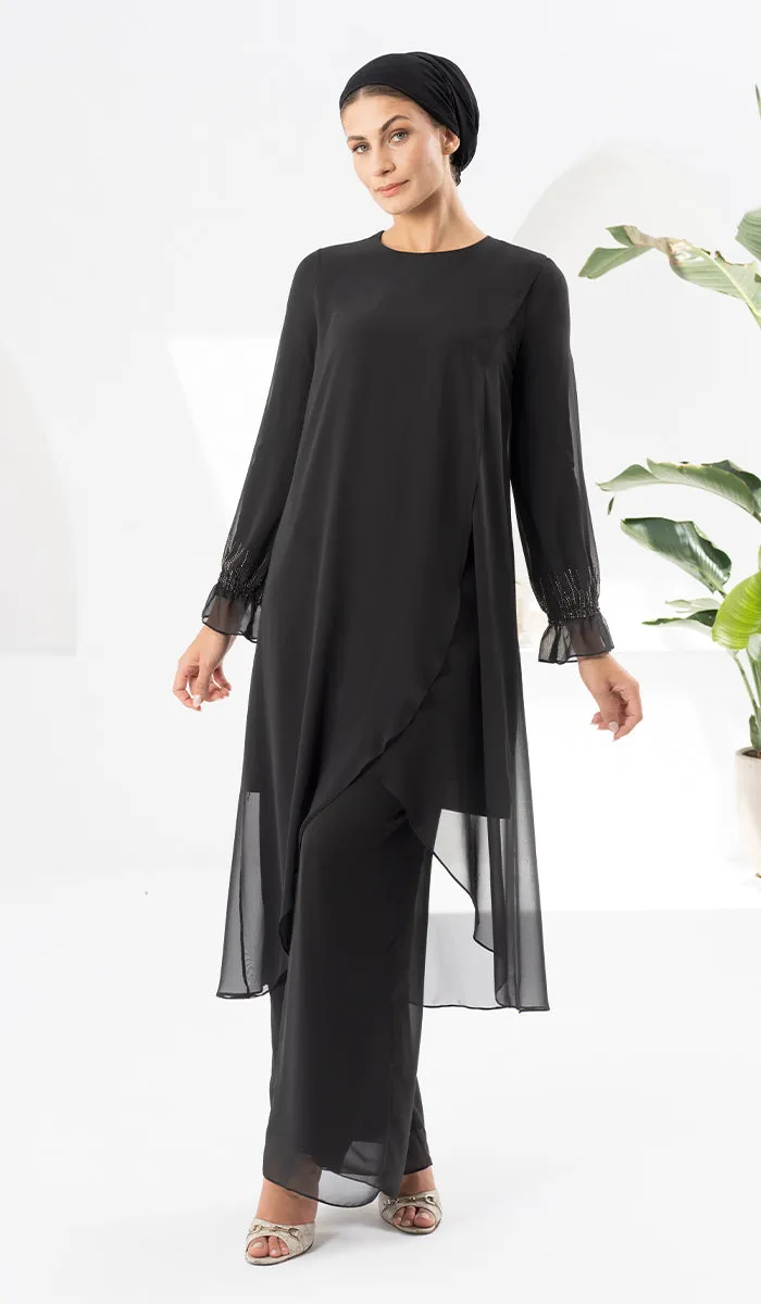 Safa Dressy Long Modest Midi Tunic - Black