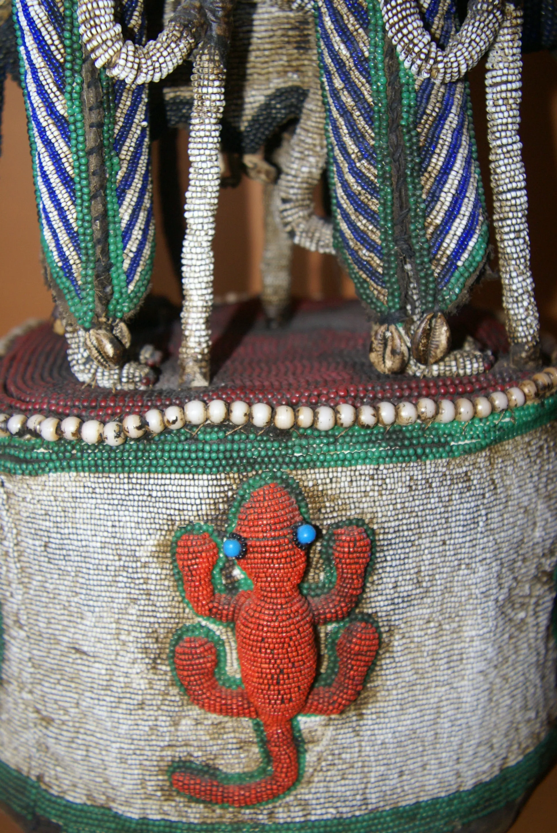 SOLD  Antique Benin Yoruba Tribe Oba Stunning Multicolor Hand beaded & Nassa Shells Ceremonial Crown or Altar Headdress from Nigeria, Sub Sahara, West Africa, 1950’s, from Private Collection & as seen in Museums