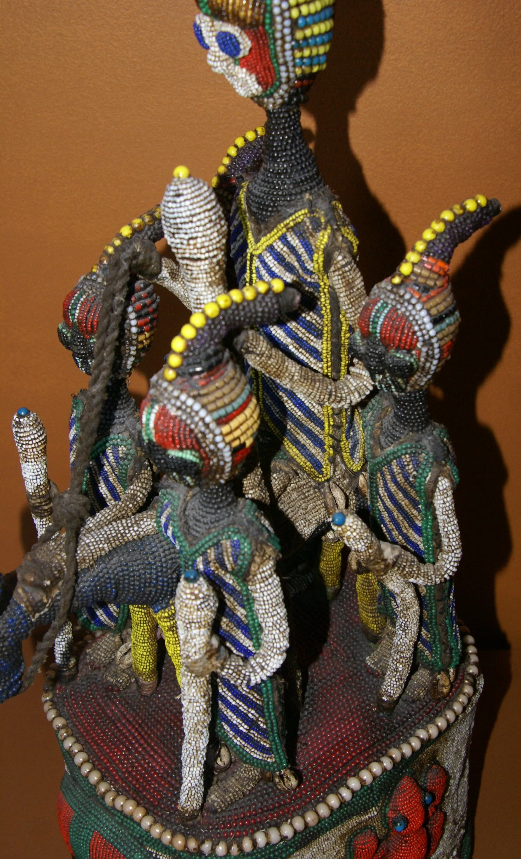 SOLD  Antique Benin Yoruba Tribe Oba Stunning Multicolor Hand beaded & Nassa Shells Ceremonial Crown or Altar Headdress from Nigeria, Sub Sahara, West Africa, 1950’s, from Private Collection & as seen in Museums