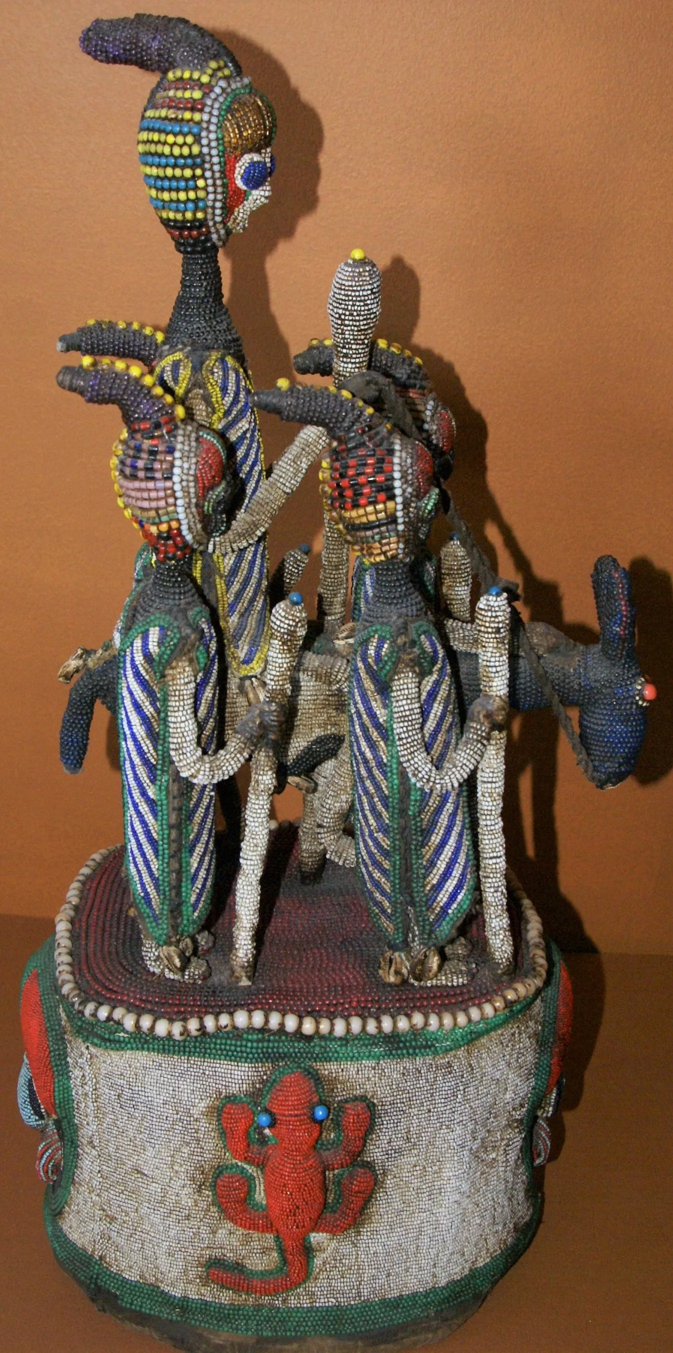 SOLD  Antique Benin Yoruba Tribe Oba Stunning Multicolor Hand beaded & Nassa Shells Ceremonial Crown or Altar Headdress from Nigeria, Sub Sahara, West Africa, 1950’s, from Private Collection & as seen in Museums