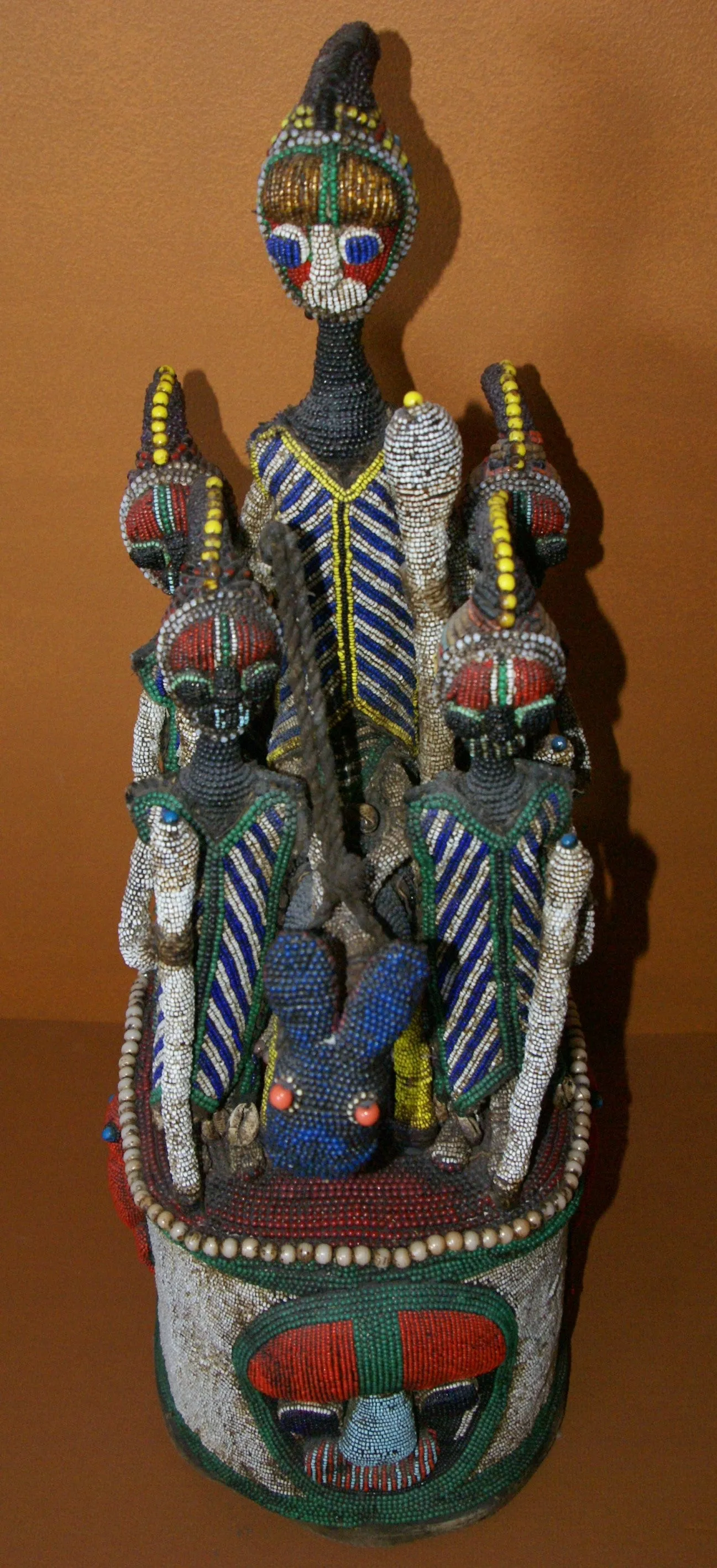 SOLD  Antique Benin Yoruba Tribe Oba Stunning Multicolor Hand beaded & Nassa Shells Ceremonial Crown or Altar Headdress from Nigeria, Sub Sahara, West Africa, 1950’s, from Private Collection & as seen in Museums