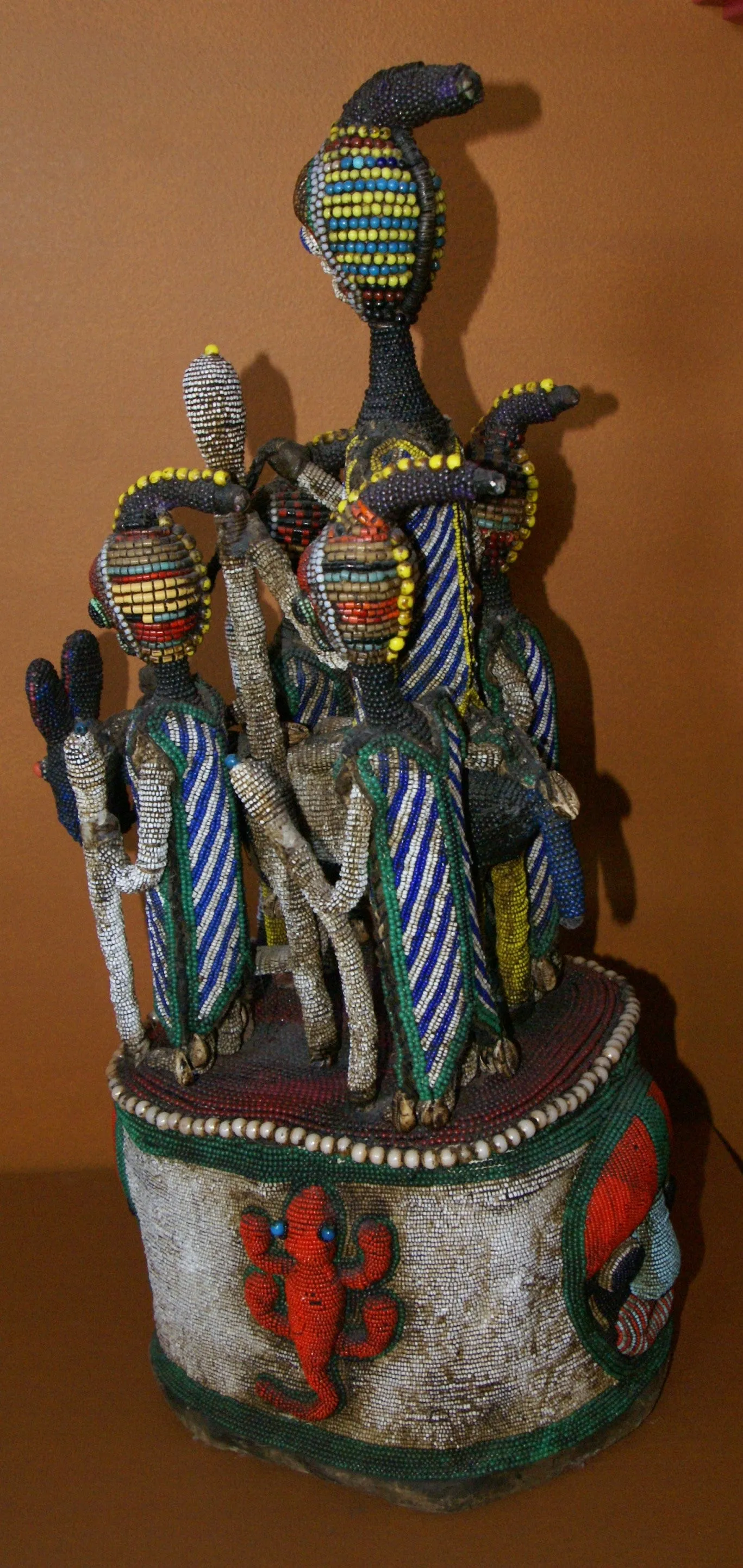 SOLD  Antique Benin Yoruba Tribe Oba Stunning Multicolor Hand beaded & Nassa Shells Ceremonial Crown or Altar Headdress from Nigeria, Sub Sahara, West Africa, 1950’s, from Private Collection & as seen in Museums