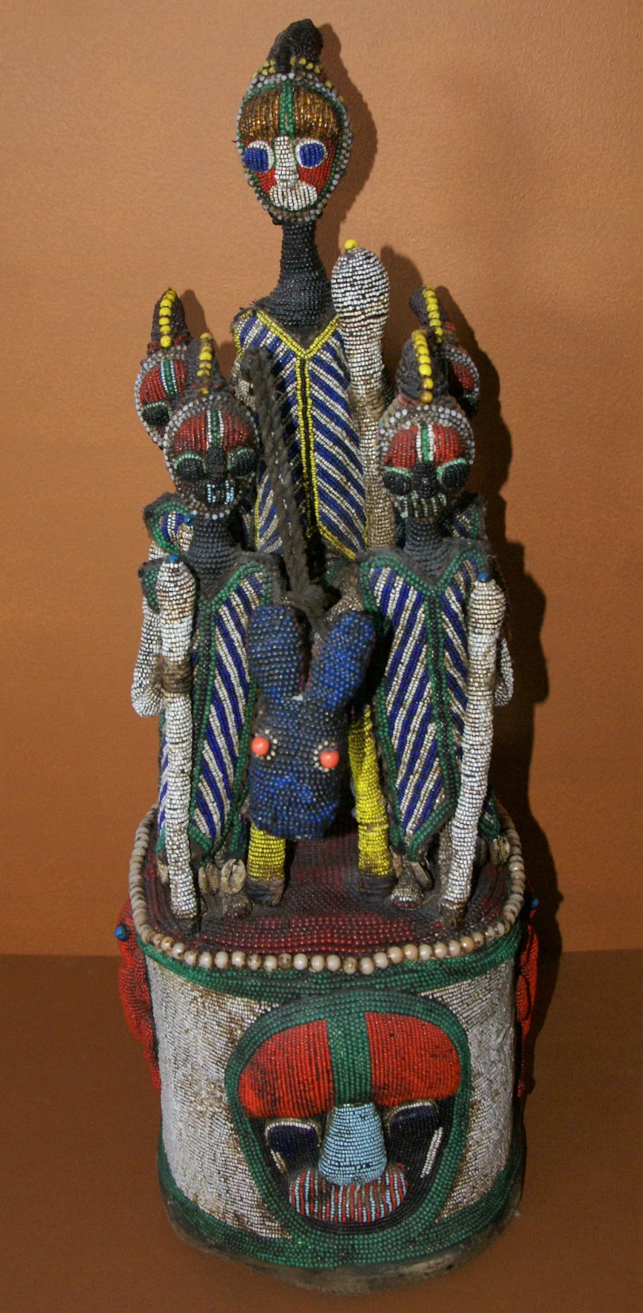 SOLD  Antique Benin Yoruba Tribe Oba Stunning Multicolor Hand beaded & Nassa Shells Ceremonial Crown or Altar Headdress from Nigeria, Sub Sahara, West Africa, 1950’s, from Private Collection & as seen in Museums