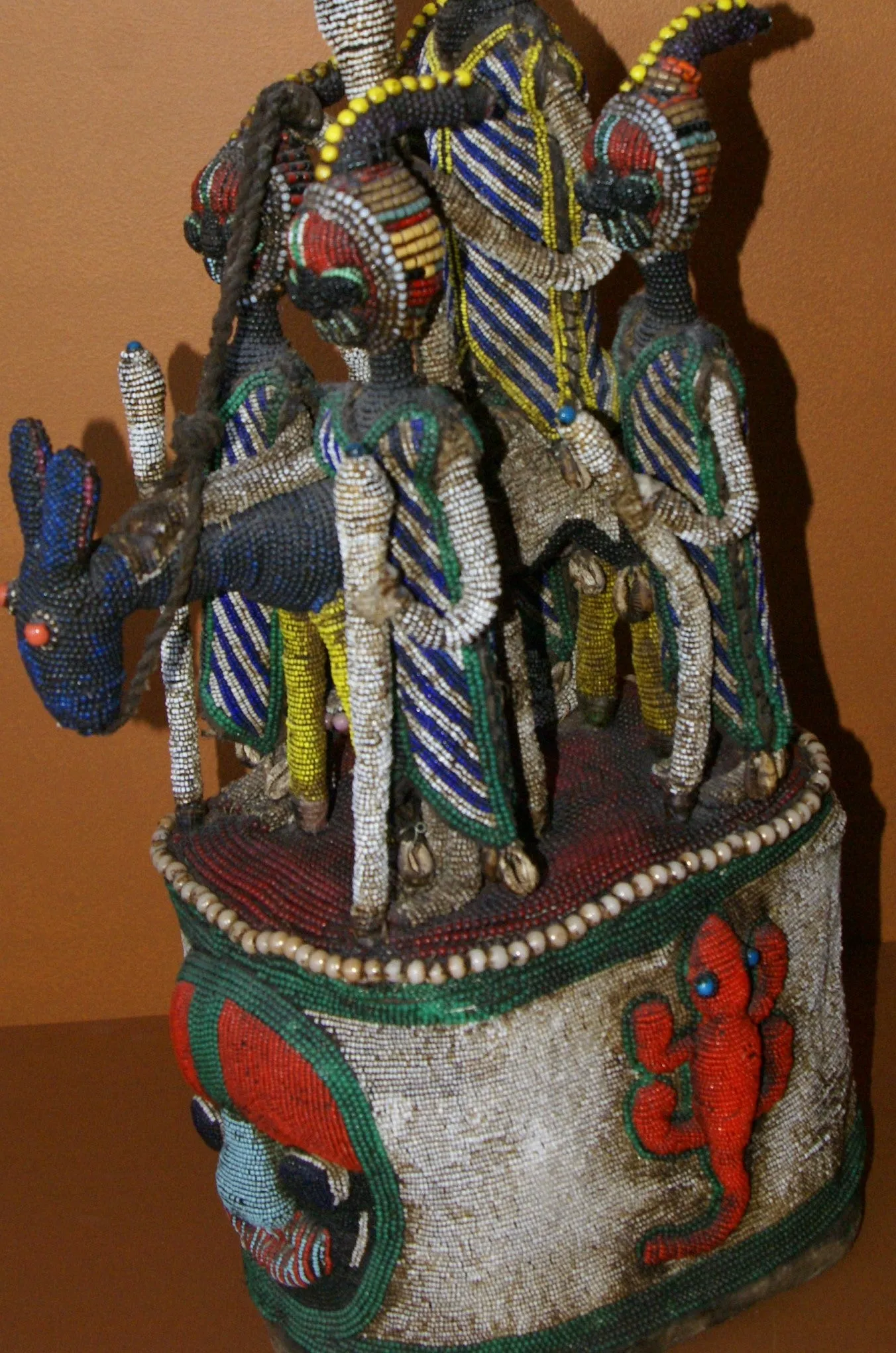 SOLD  Antique Benin Yoruba Tribe Oba Stunning Multicolor Hand beaded & Nassa Shells Ceremonial Crown or Altar Headdress from Nigeria, Sub Sahara, West Africa, 1950’s, from Private Collection & as seen in Museums