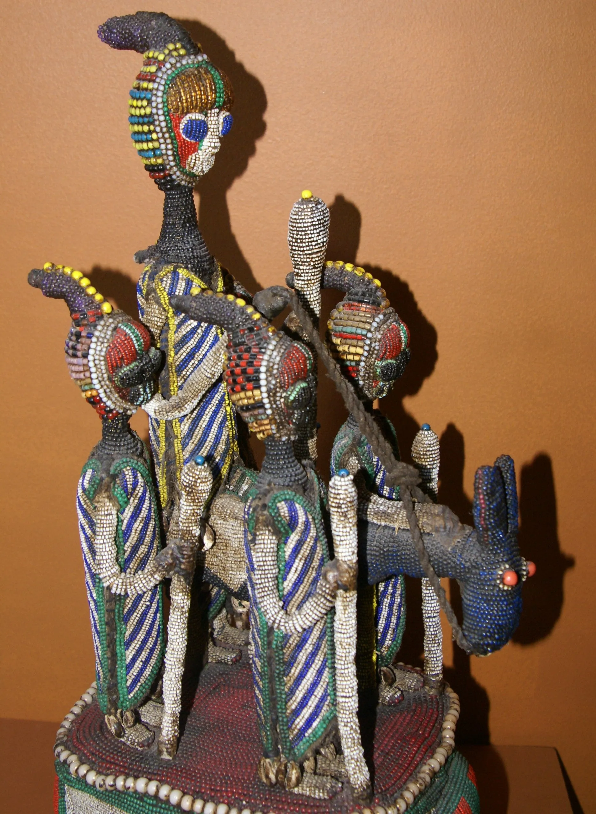 SOLD  Antique Benin Yoruba Tribe Oba Stunning Multicolor Hand beaded & Nassa Shells Ceremonial Crown or Altar Headdress from Nigeria, Sub Sahara, West Africa, 1950’s, from Private Collection & as seen in Museums