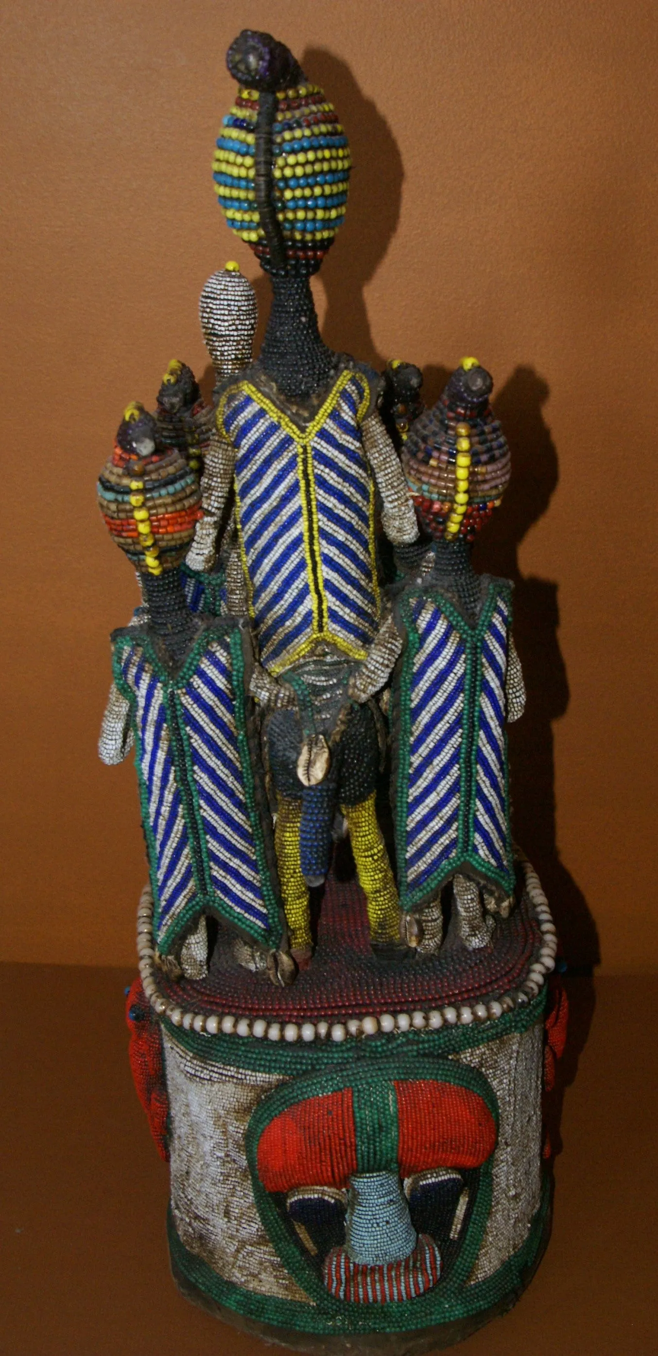 SOLD  Antique Benin Yoruba Tribe Oba Stunning Multicolor Hand beaded & Nassa Shells Ceremonial Crown or Altar Headdress from Nigeria, Sub Sahara, West Africa, 1950’s, from Private Collection & as seen in Museums