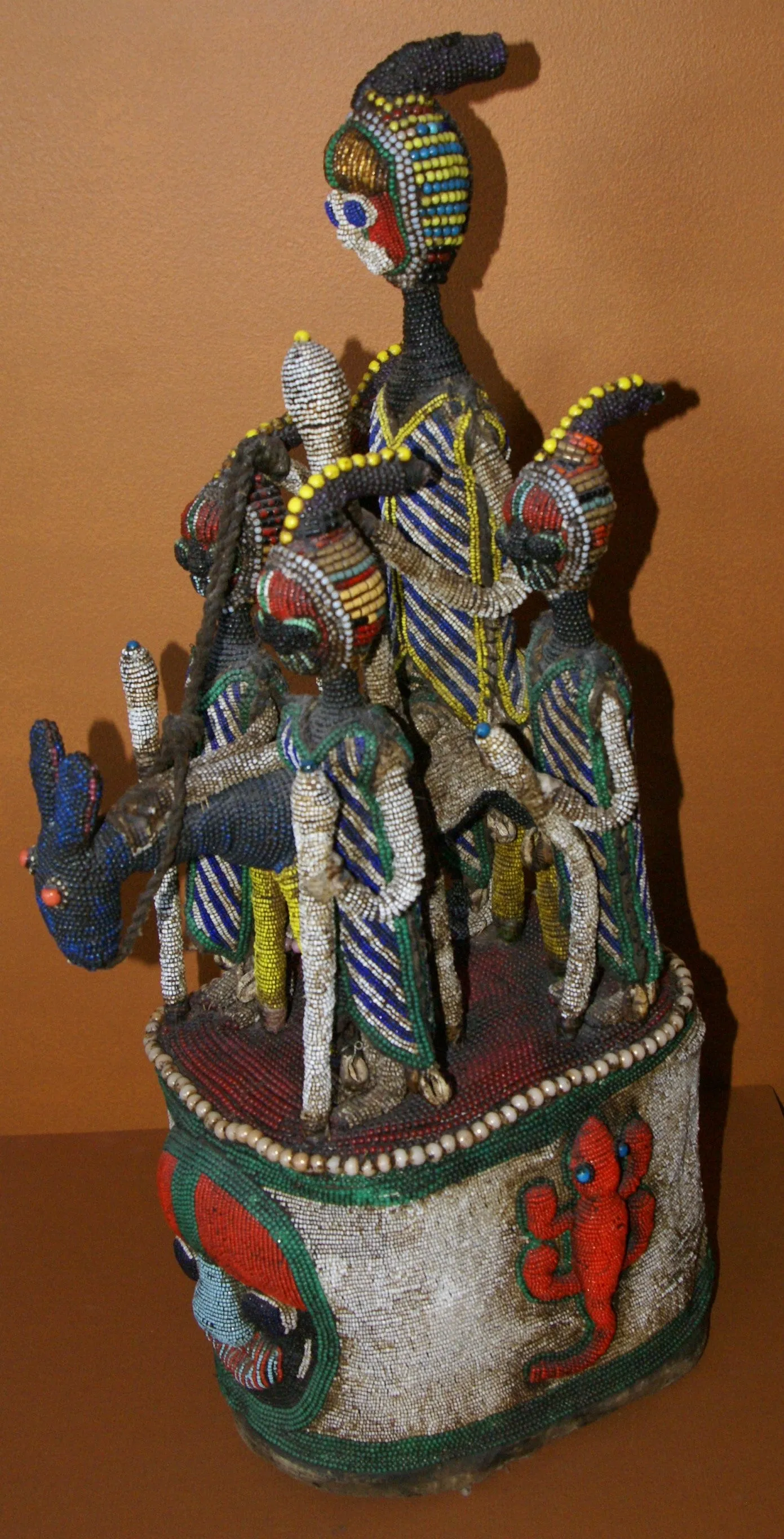 SOLD  Antique Benin Yoruba Tribe Oba Stunning Multicolor Hand beaded & Nassa Shells Ceremonial Crown or Altar Headdress from Nigeria, Sub Sahara, West Africa, 1950’s, from Private Collection & as seen in Museums