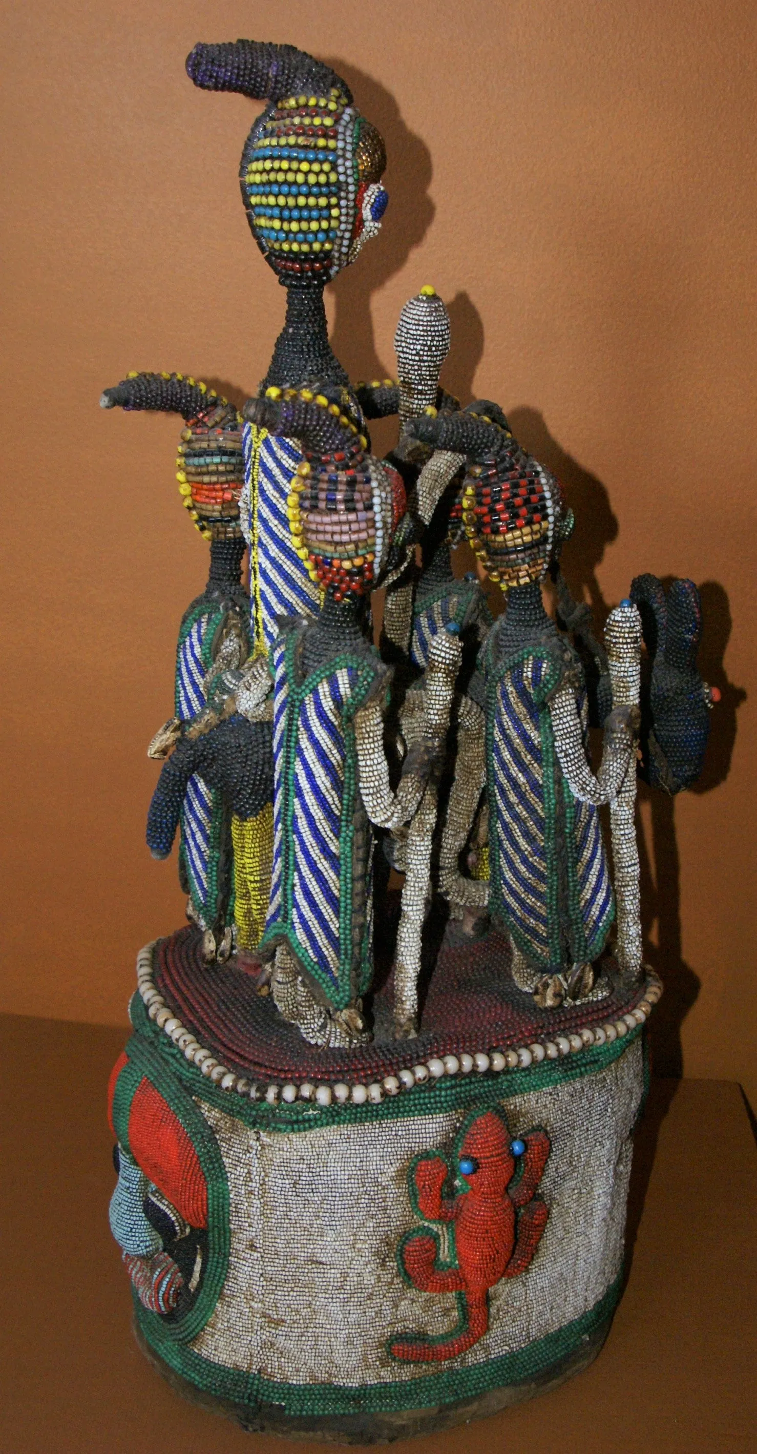 SOLD  Antique Benin Yoruba Tribe Oba Stunning Multicolor Hand beaded & Nassa Shells Ceremonial Crown or Altar Headdress from Nigeria, Sub Sahara, West Africa, 1950’s, from Private Collection & as seen in Museums