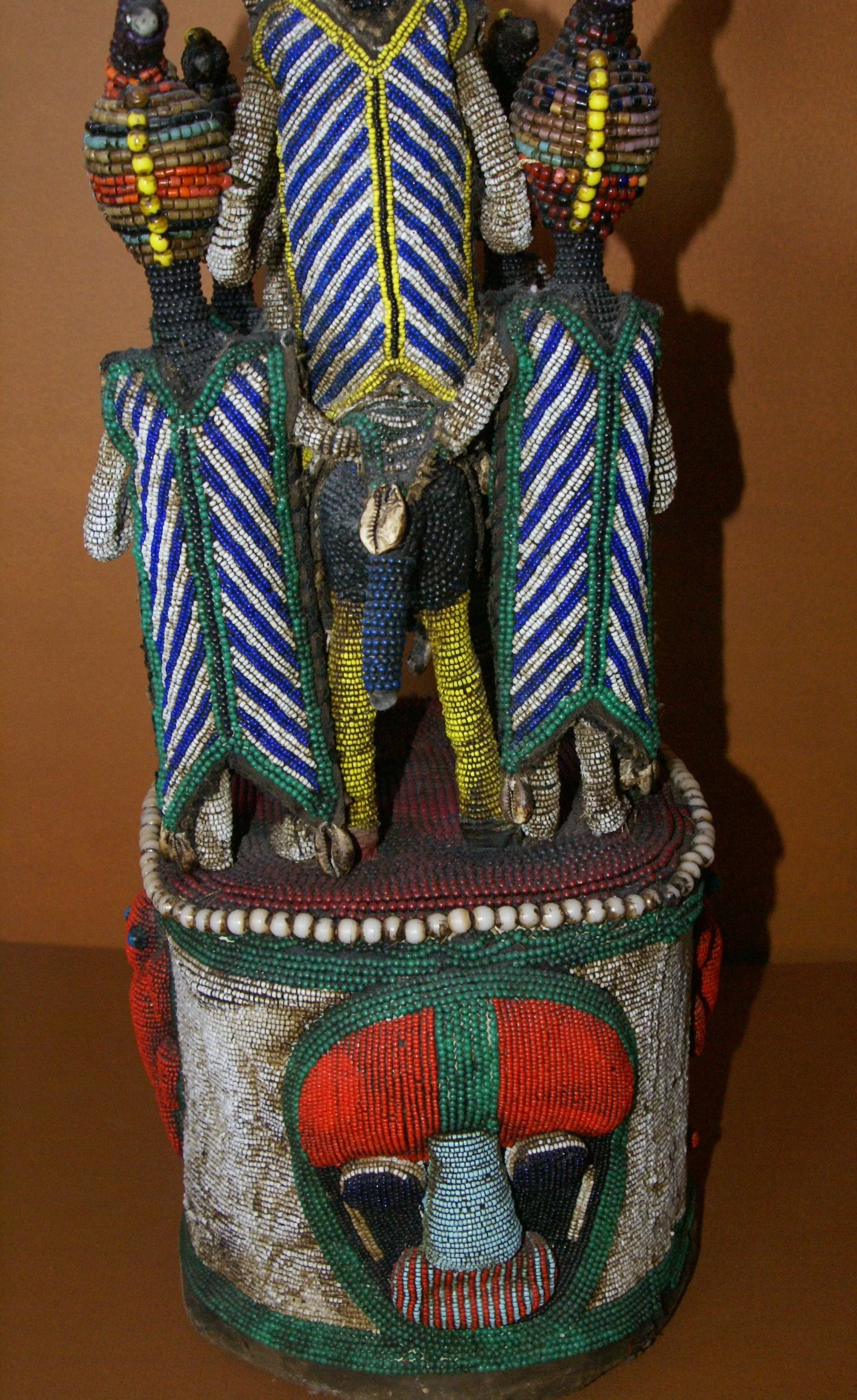 SOLD  Antique Benin Yoruba Tribe Oba Stunning Multicolor Hand beaded & Nassa Shells Ceremonial Crown or Altar Headdress from Nigeria, Sub Sahara, West Africa, 1950’s, from Private Collection & as seen in Museums