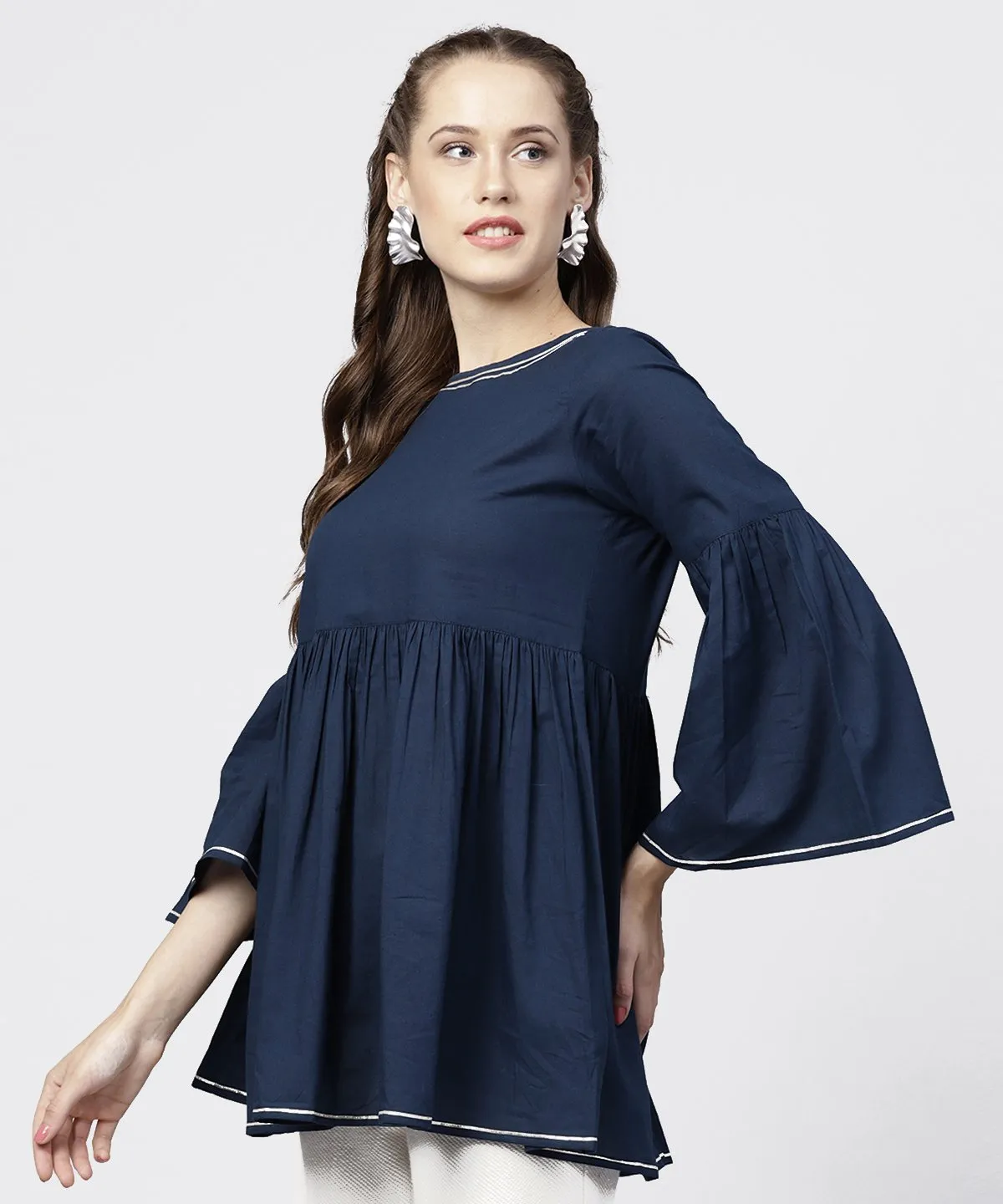 Solid Round Neck With Gathers And 3/4Th Flared Sleeves Tunic