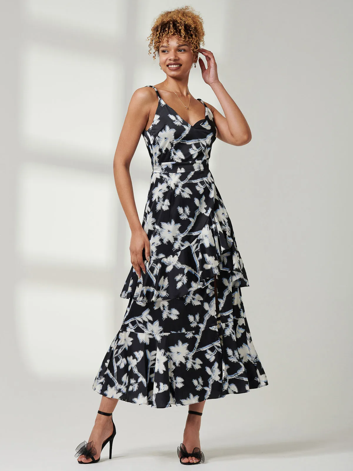 Spaghetti Strap Satin Maxi Dress, Black Floral