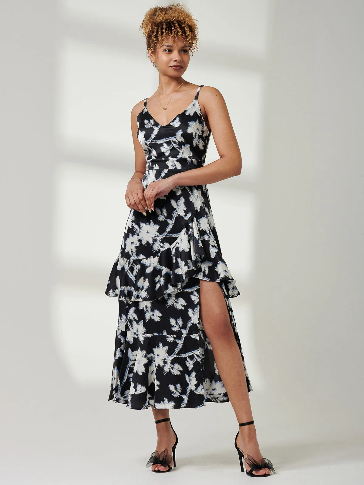 Spaghetti Strap Satin Maxi Dress, Black Floral