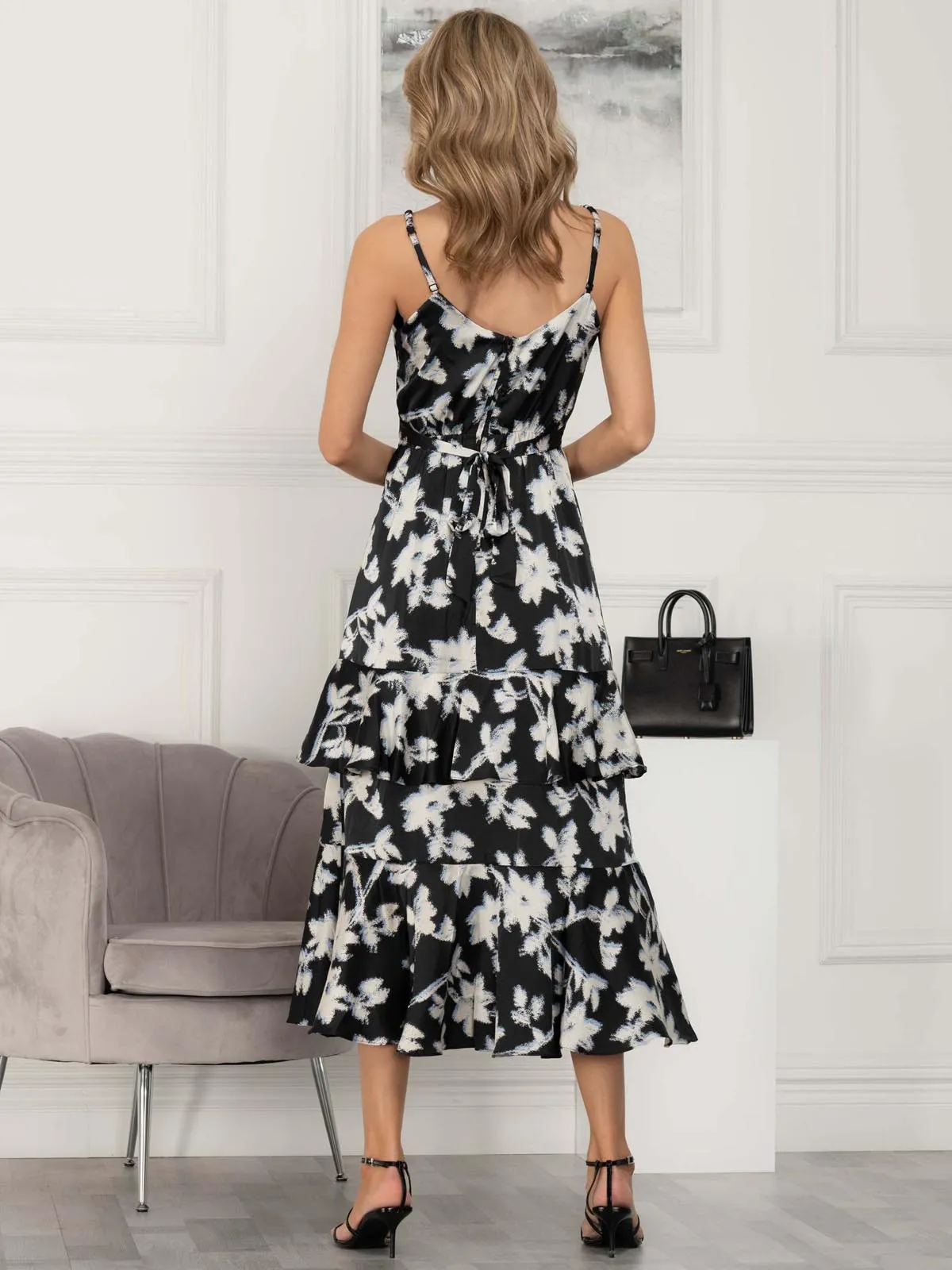 Spaghetti Strap Satin Maxi Dress, Black Floral