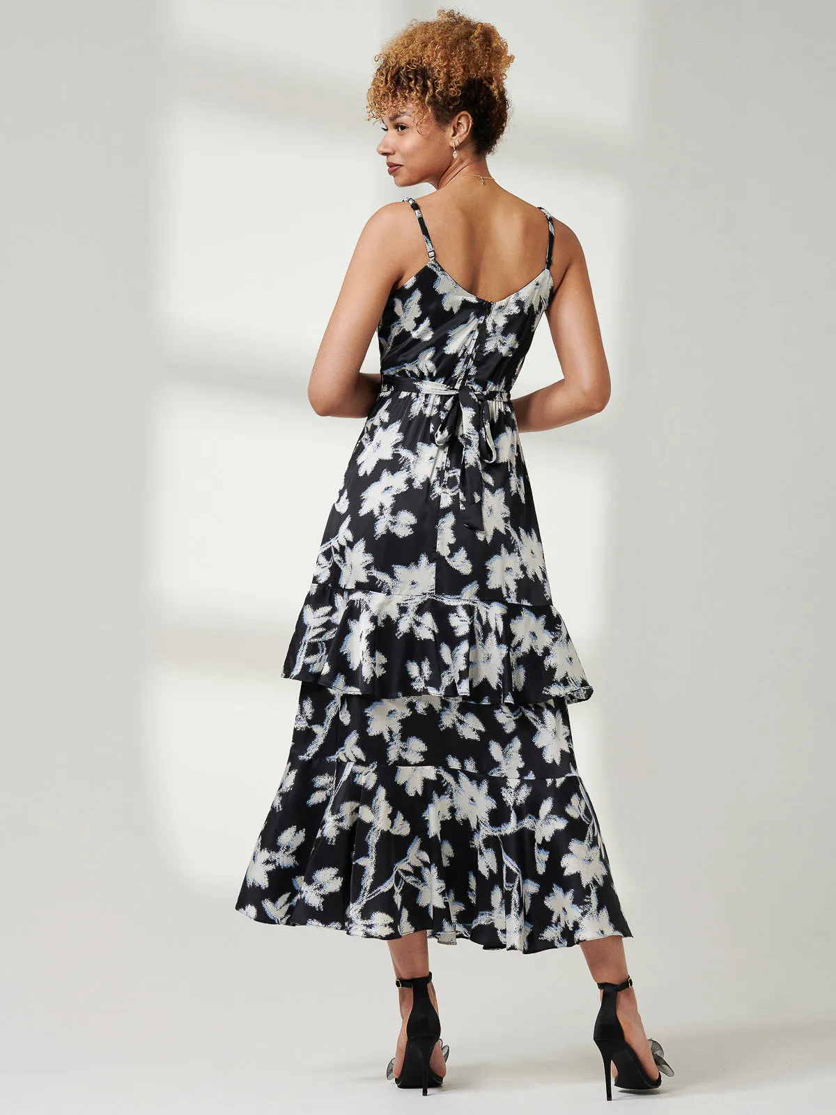 Spaghetti Strap Satin Maxi Dress, Black Floral