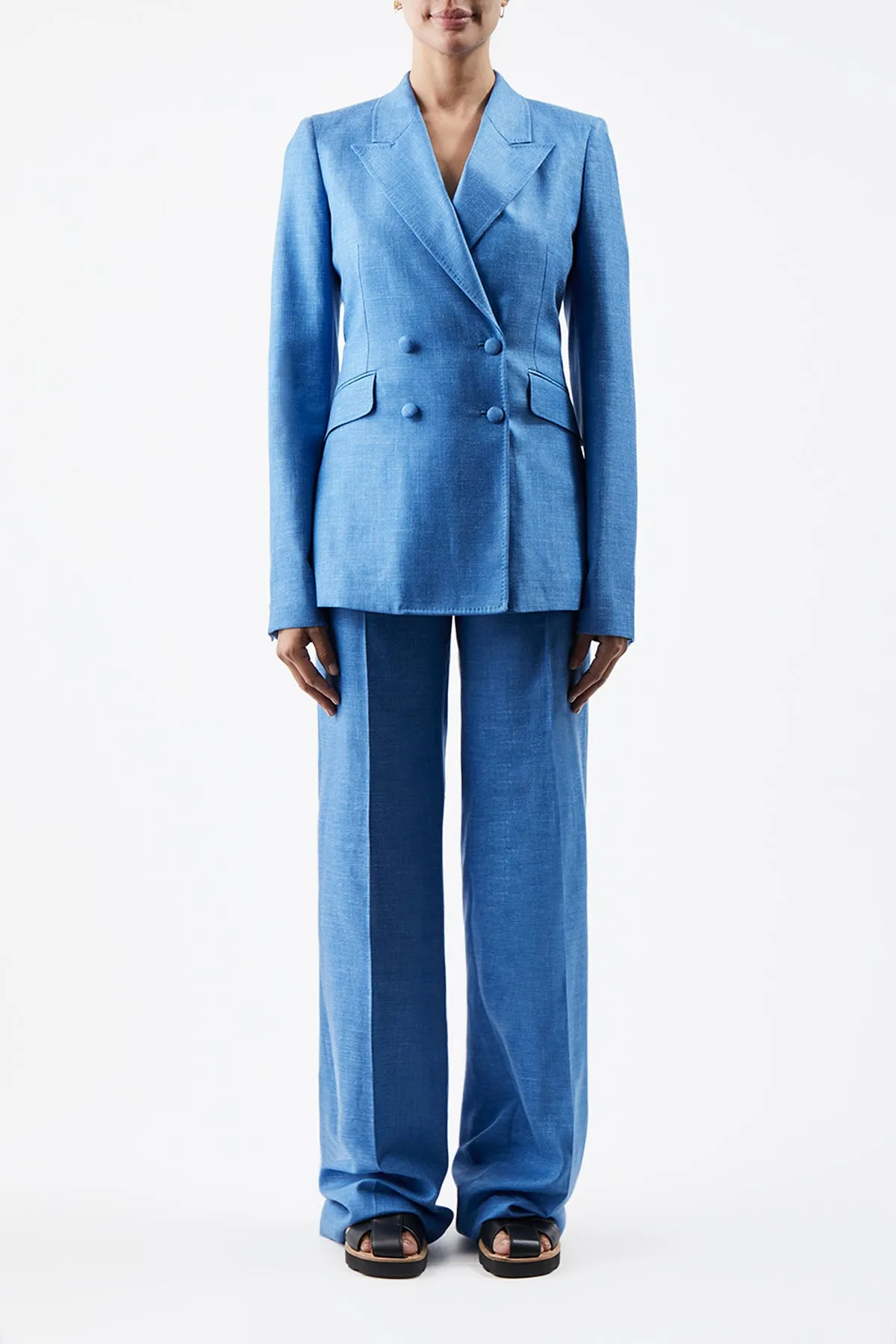 Stephanie Blazer in Aventurine Blue Virgin Wool and Silk Linen Twill