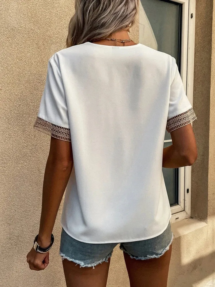 Summer Lace Neck Loose Fashion Casual New Chiffon V Sleeve White Short Female 2024 Top