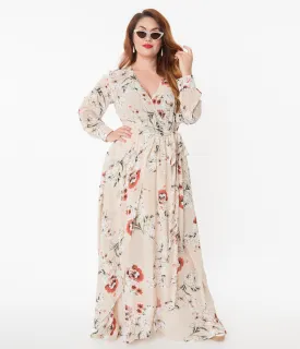 Unique Vintage Plus Size Light Tan Floral Farrah Maxi Dress