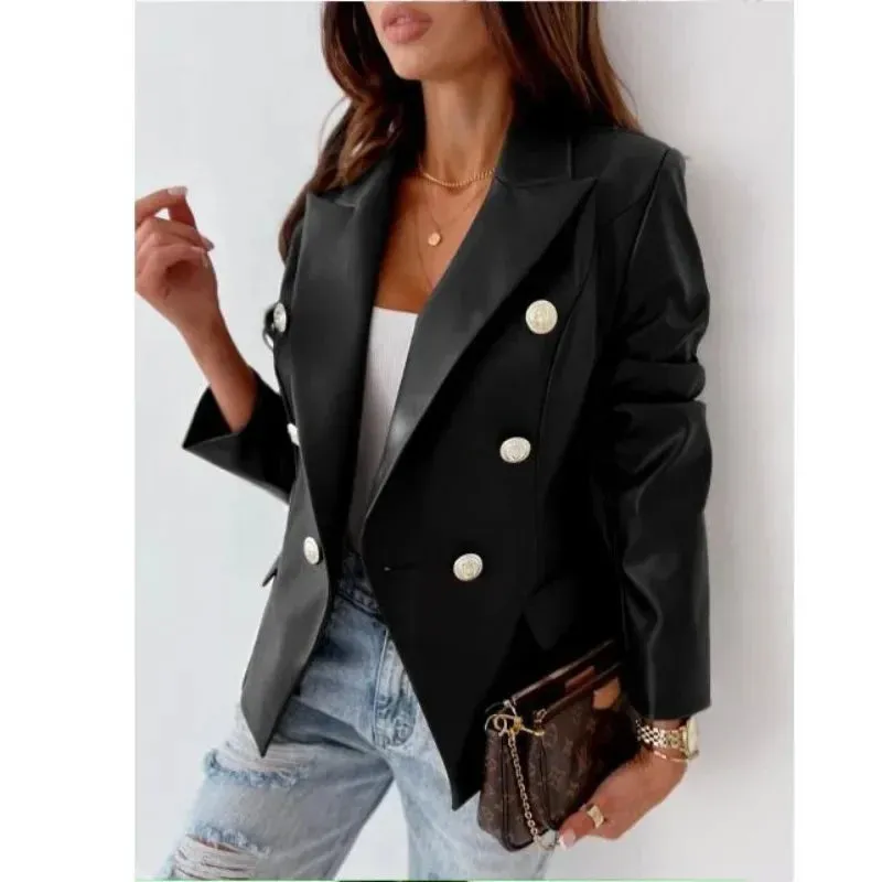 Vegan Leather Double Breasted Blazer