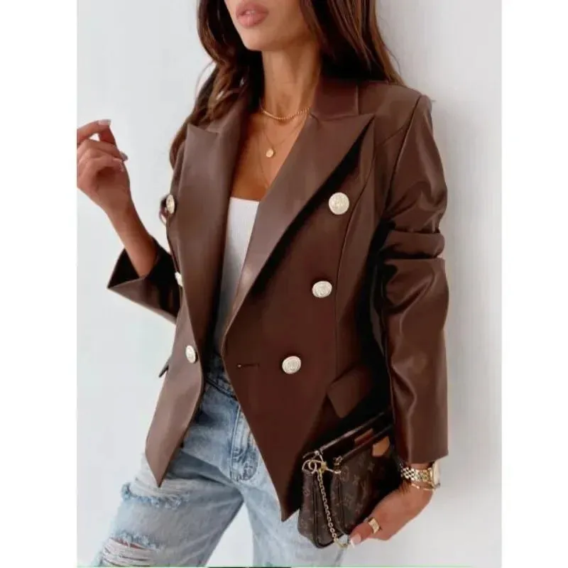 Vegan Leather Double Breasted Blazer