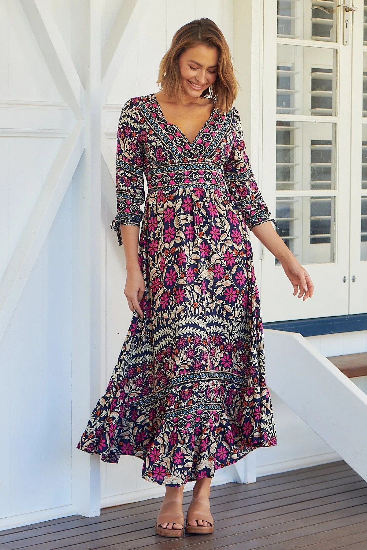 Willow Tie Sleeve Navy/Pink Floral Print Maxi Dress