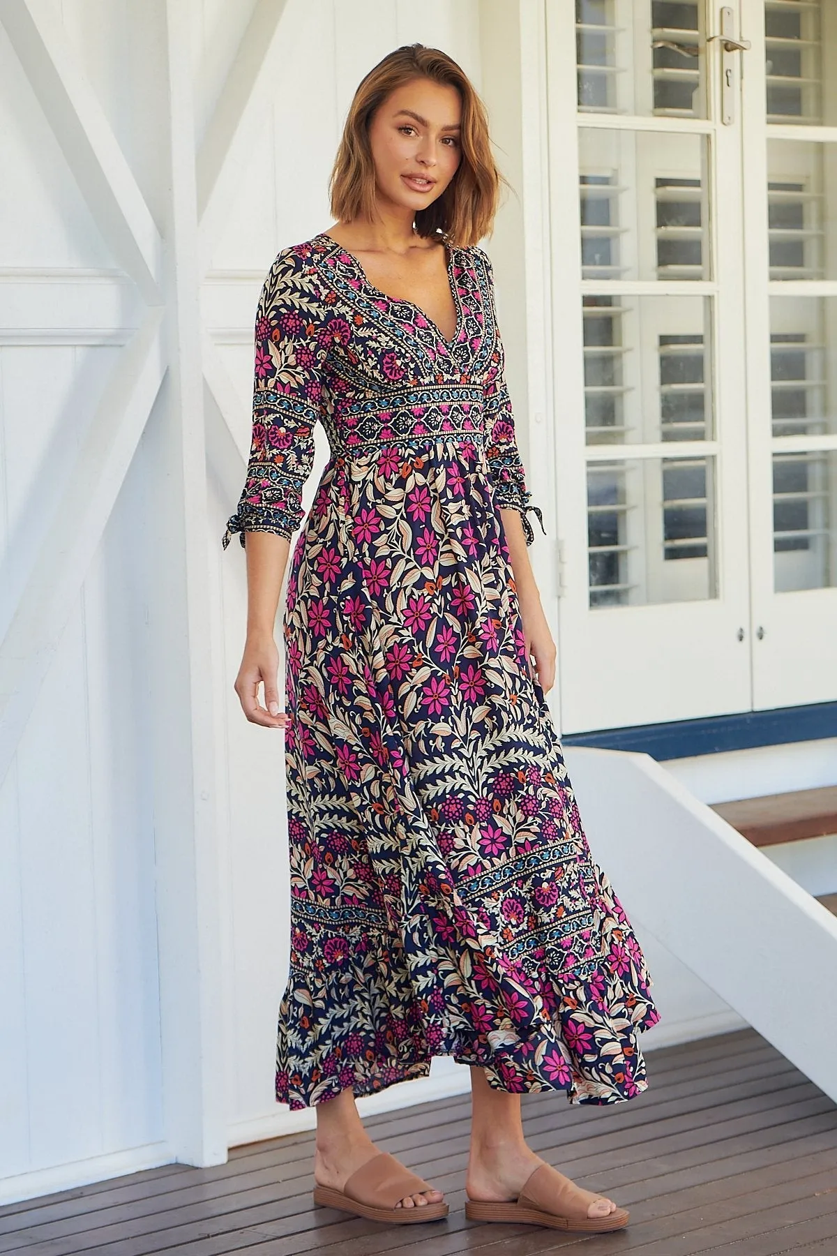 Willow Tie Sleeve Navy/Pink Floral Print Maxi Dress