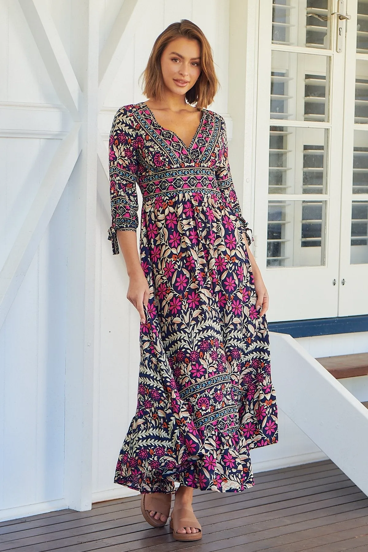 Willow Tie Sleeve Navy/Pink Floral Print Maxi Dress