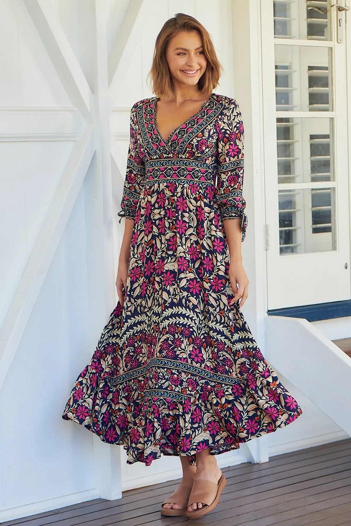 Willow Tie Sleeve Navy/Pink Floral Print Maxi Dress