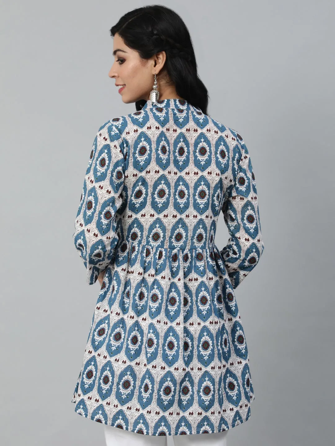 Women Blue & Off White Printed Mandarin Collar Cotton Tunic