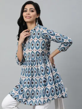 Women Blue & Off White Printed Mandarin Collar Cotton Tunic