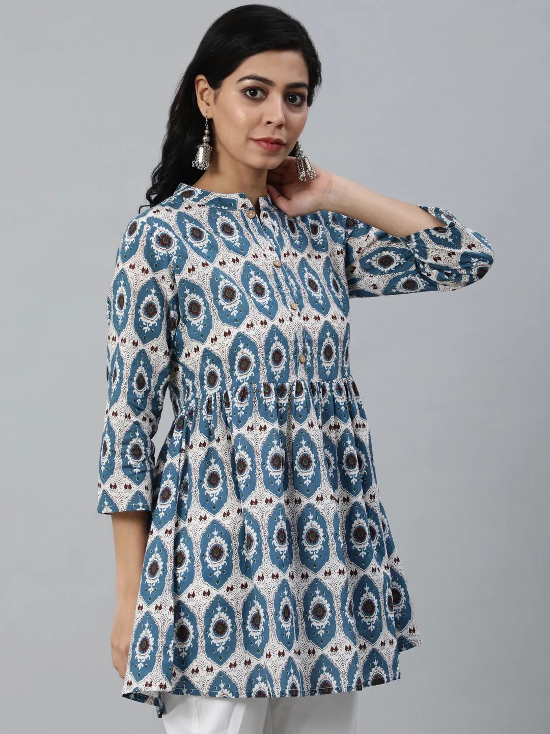 Women Blue & Off White Printed Mandarin Collar Cotton Tunic