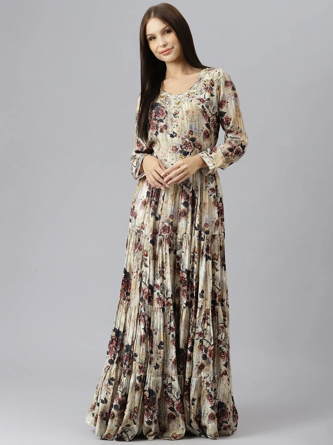 Women Cream Floral Printed Muslin Flared Gown