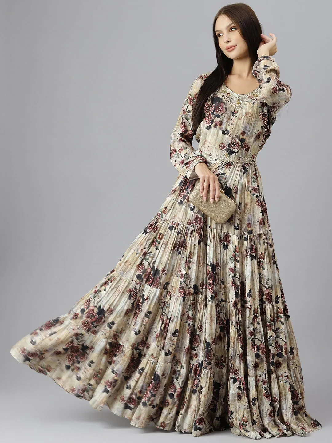 Women Cream Floral Printed Muslin Flared Gown