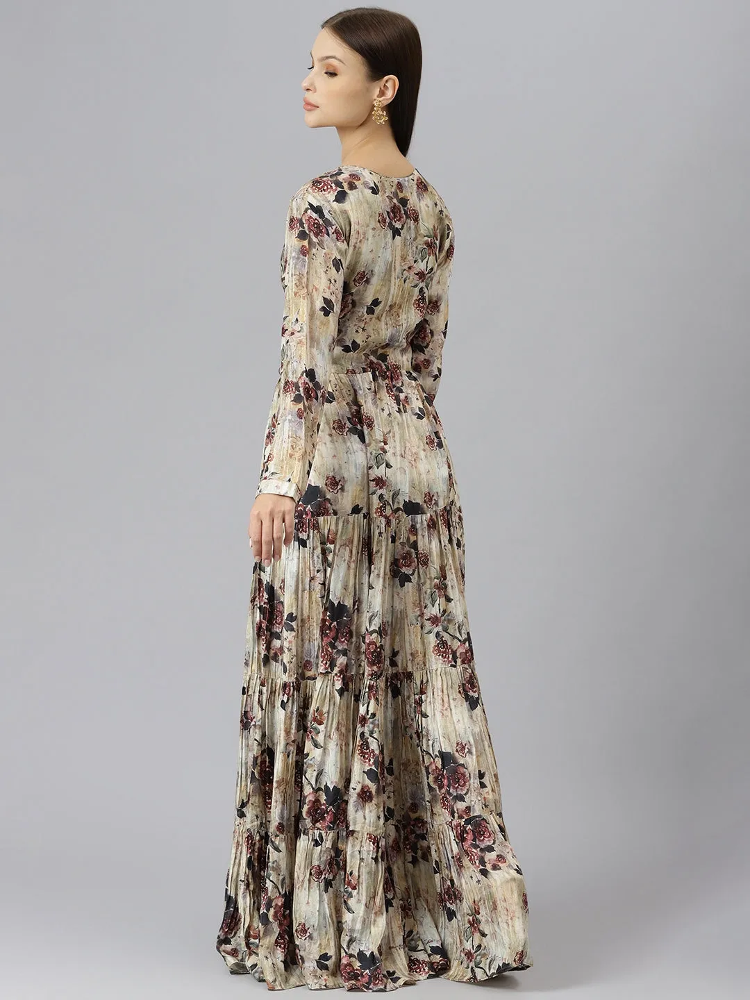 Women Cream Floral Printed Muslin Flared Gown