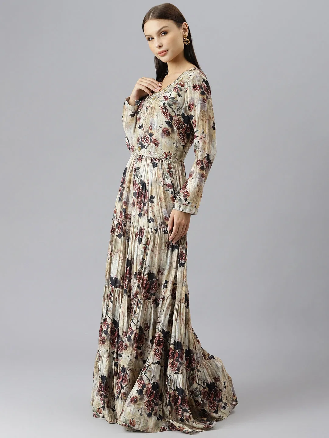 Women Cream Floral Printed Muslin Flared Gown