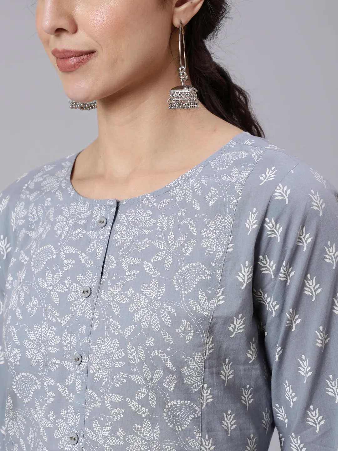 Women Grey Ethnic Printed Straight Tunic