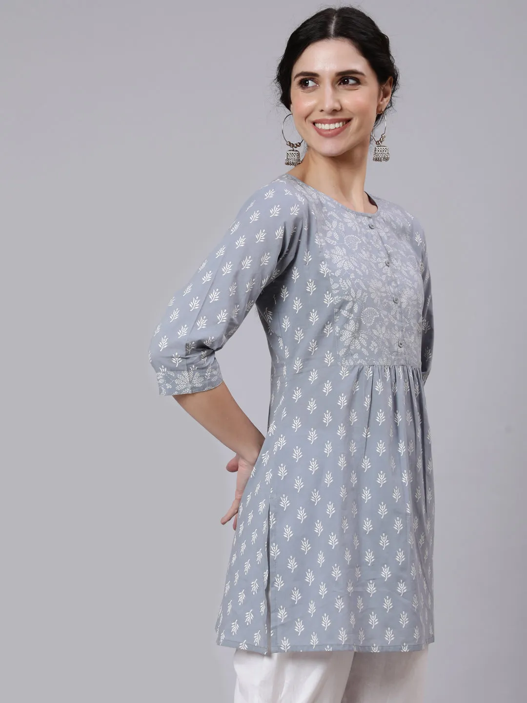 Women Grey Ethnic Printed Straight Tunic