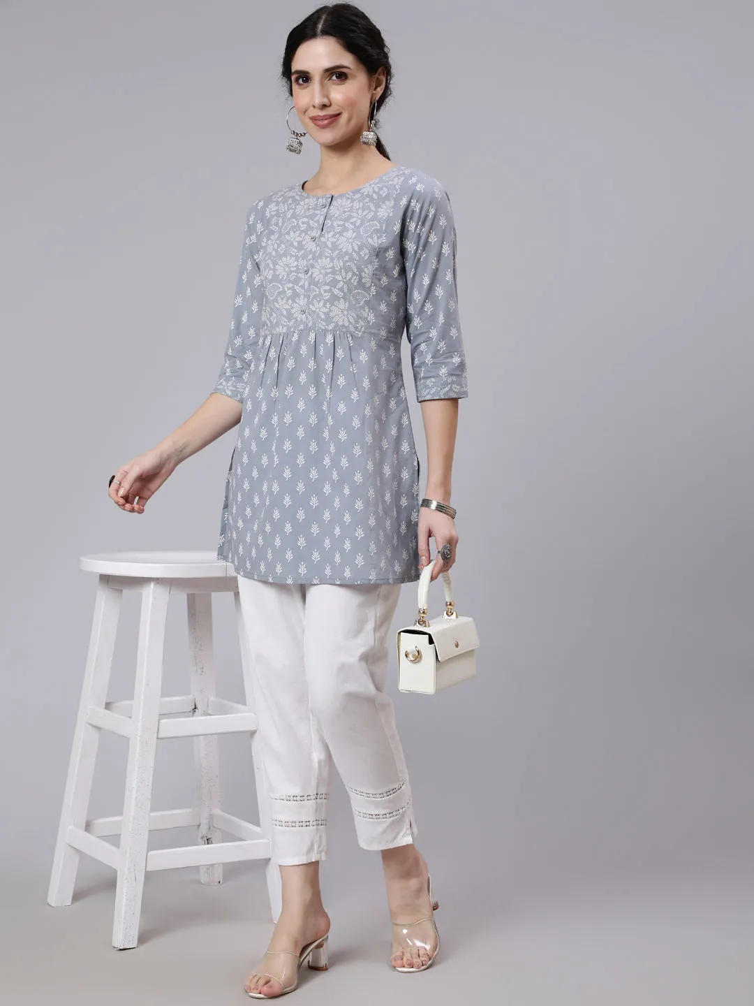 Women Grey Ethnic Printed Straight Tunic