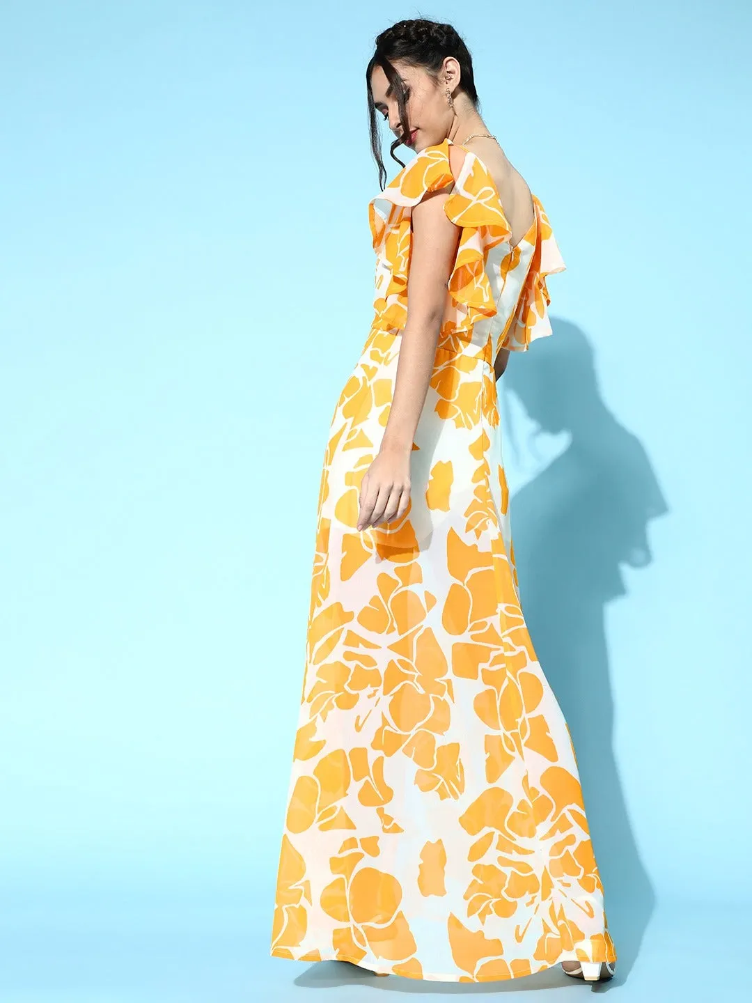 Women Mustard Floral Frill Sleeve Maxi