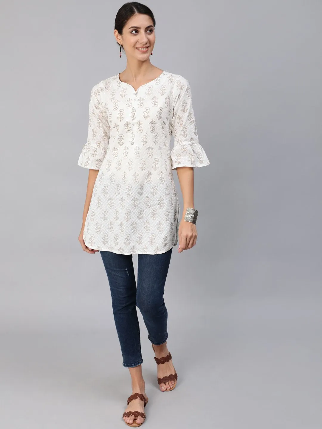 Women Off-White & Gold Printed Tunic With Three Quarter Sleeves