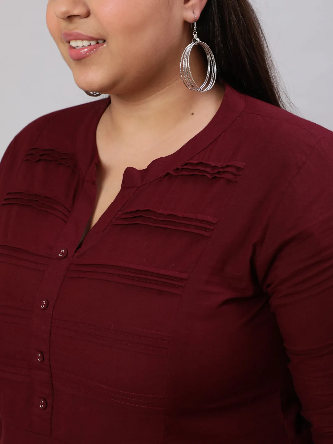 Women Plus Size Burgundy Ethnic Tunic With Three Quarter Sleeves