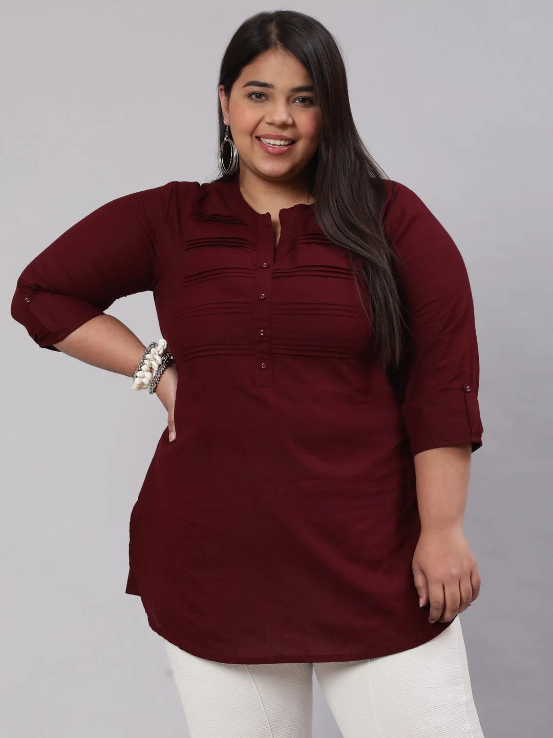 Women Plus Size Burgundy Ethnic Tunic With Three Quarter Sleeves