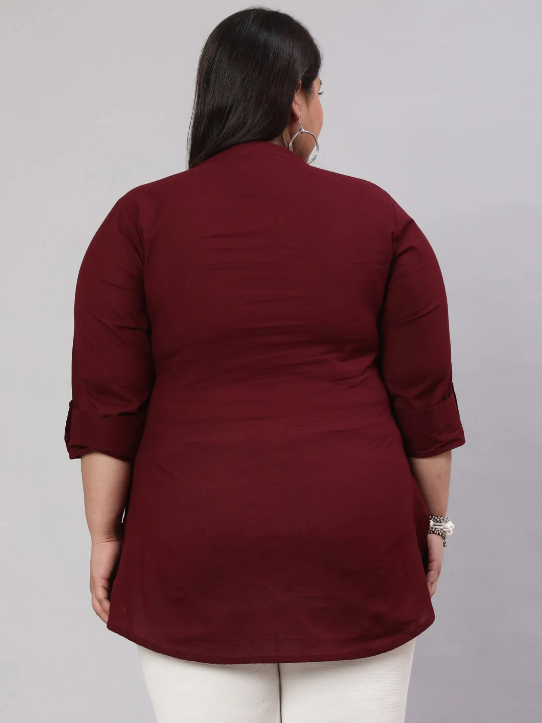 Women Plus Size Burgundy Ethnic Tunic With Three Quarter Sleeves