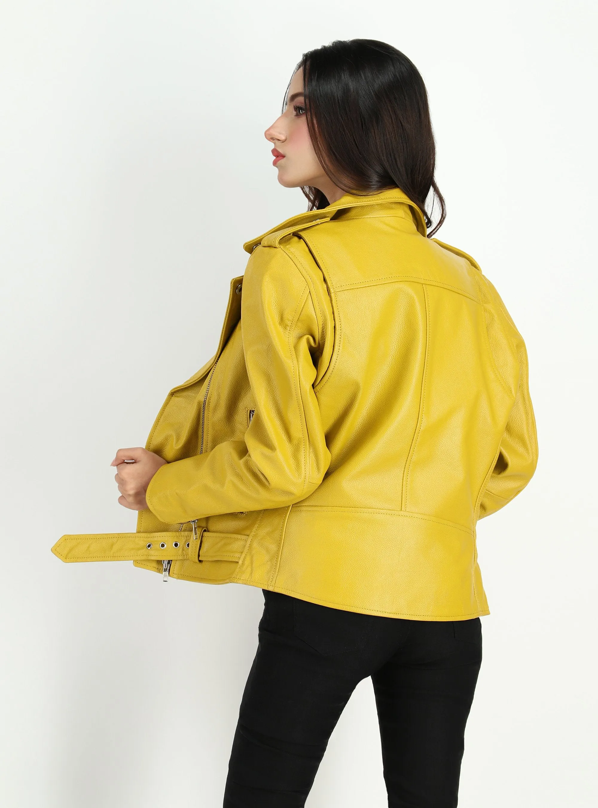 Women's  Moto Style Cowhide Yellow Leather Jacket