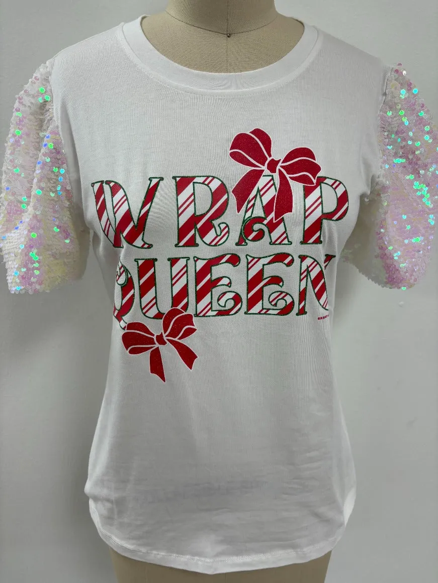 Wrap Queen on White T-Shirt with White Sequin Sleeves