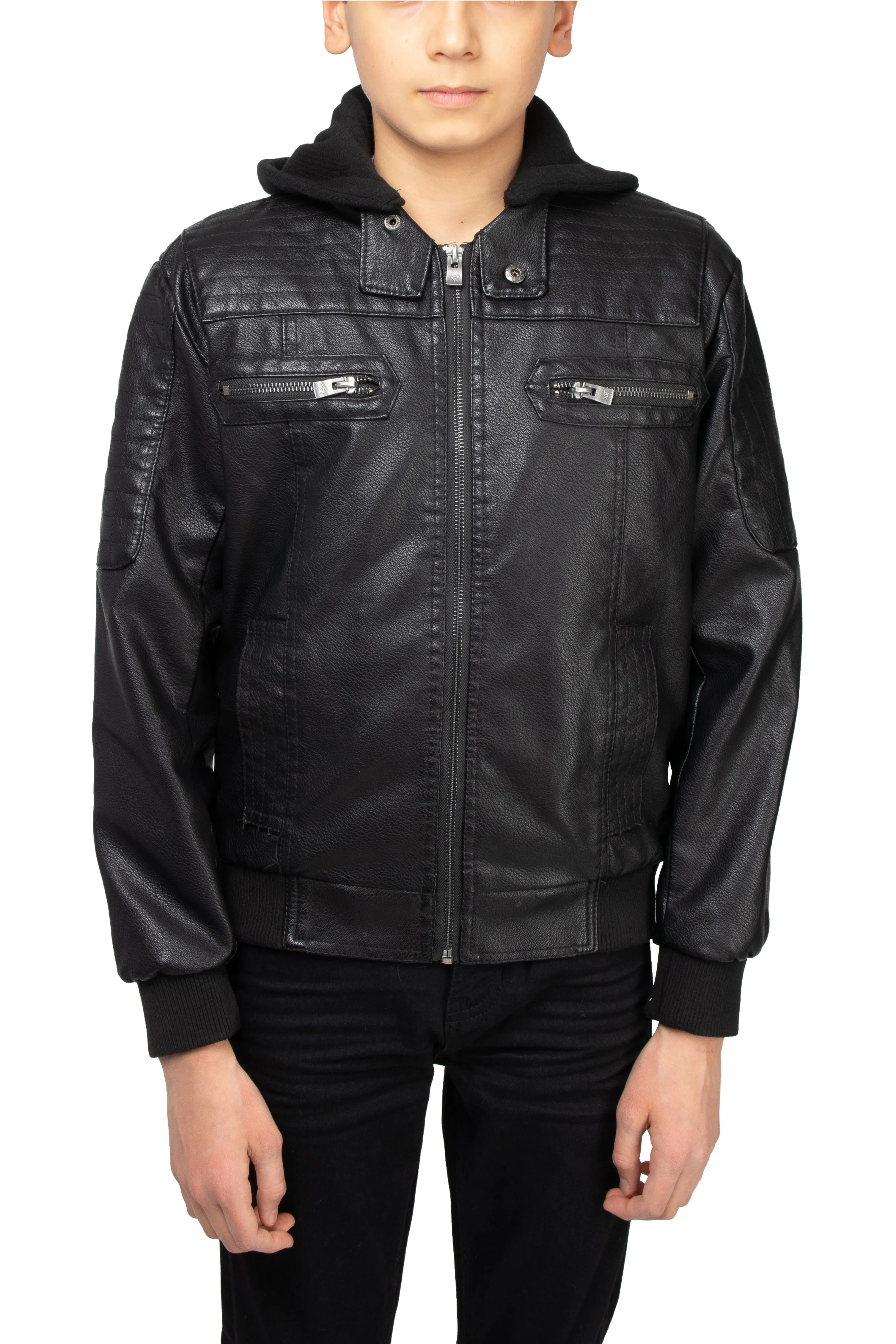 X RAY Boys Motorcycle PU Leather Jacket With Knit Hood