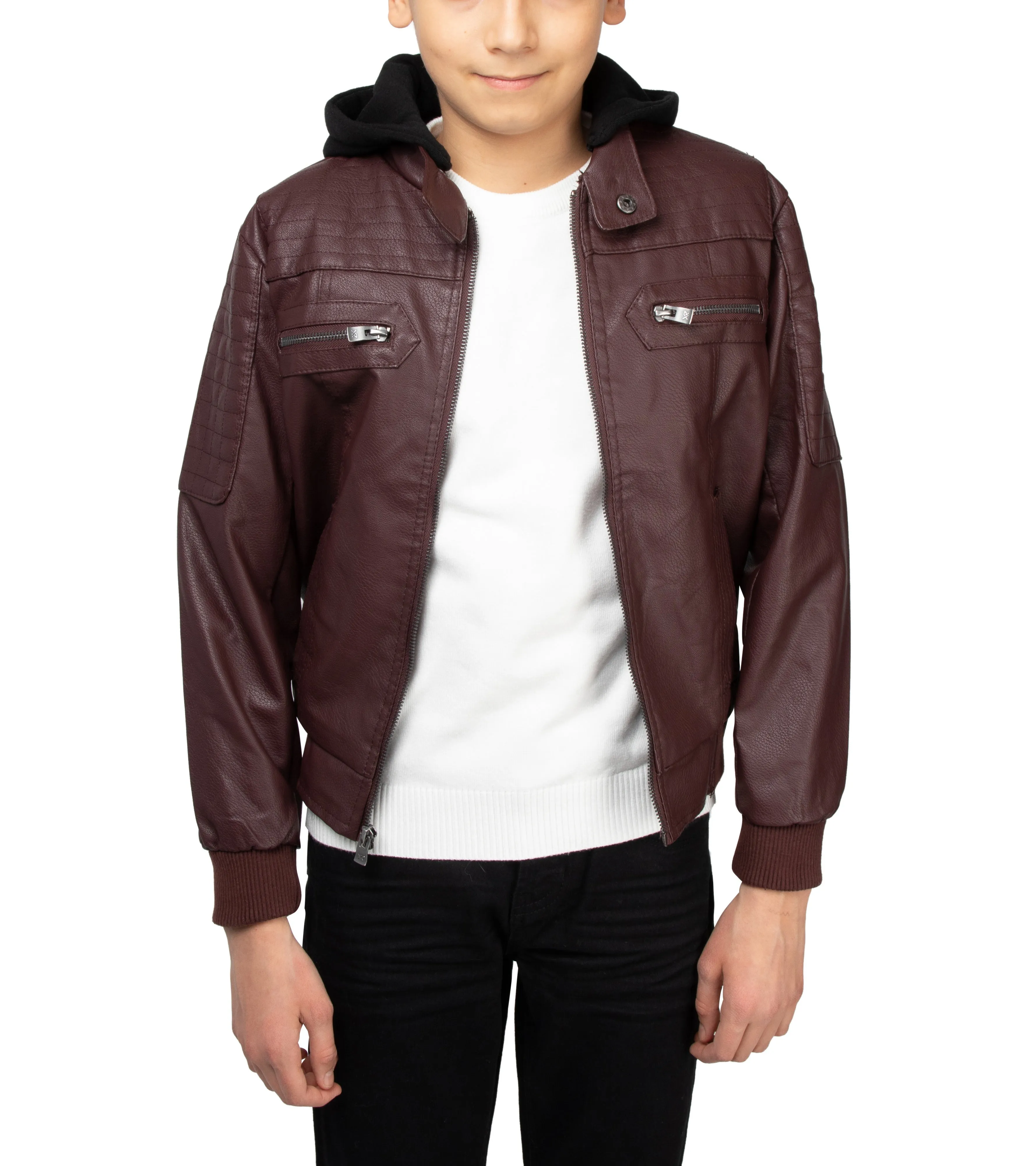 X RAY Boys Motorcycle PU Leather Jacket With Knit Hood