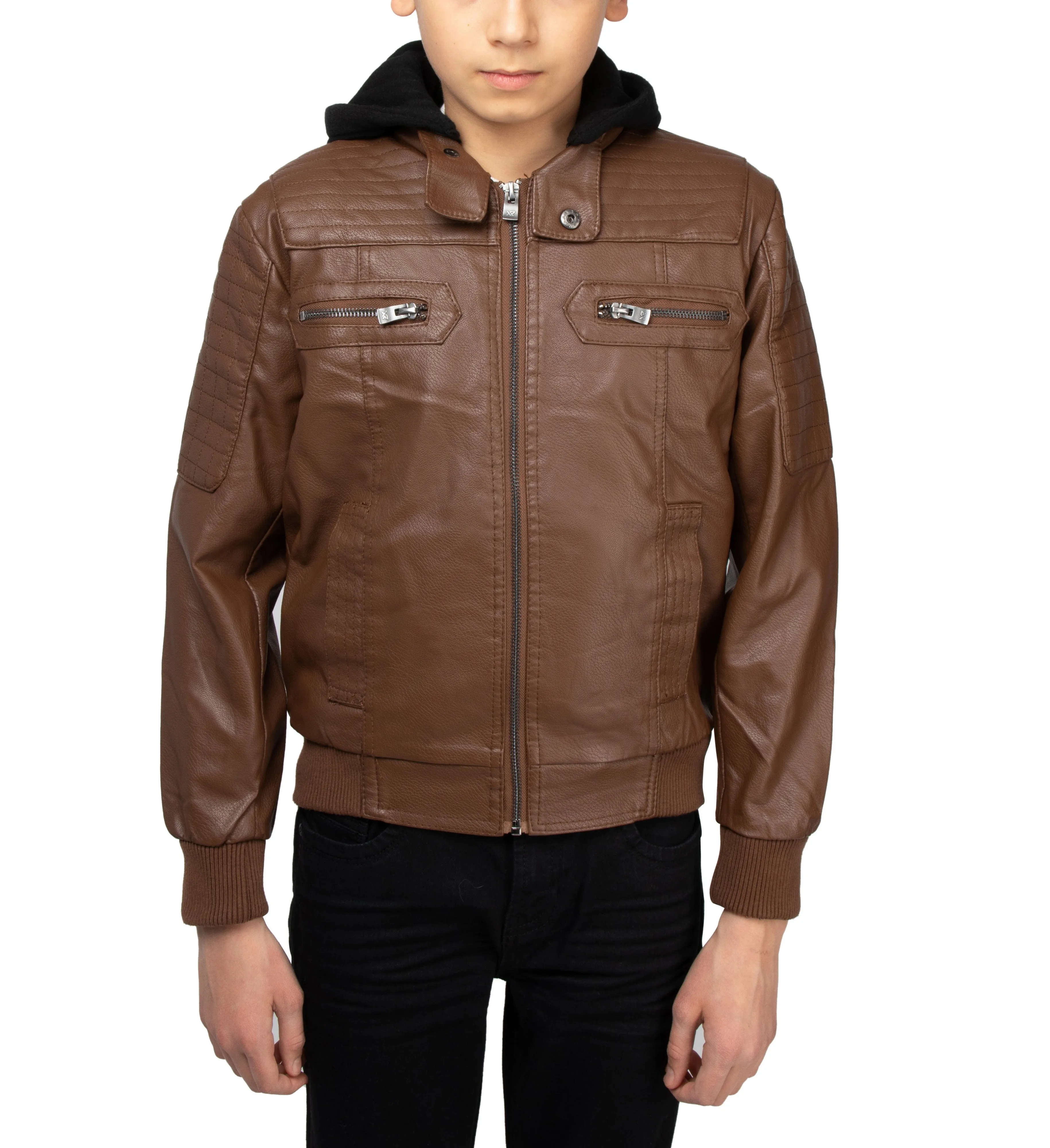 X RAY Boys Motorcycle PU Leather Jacket With Knit Hood