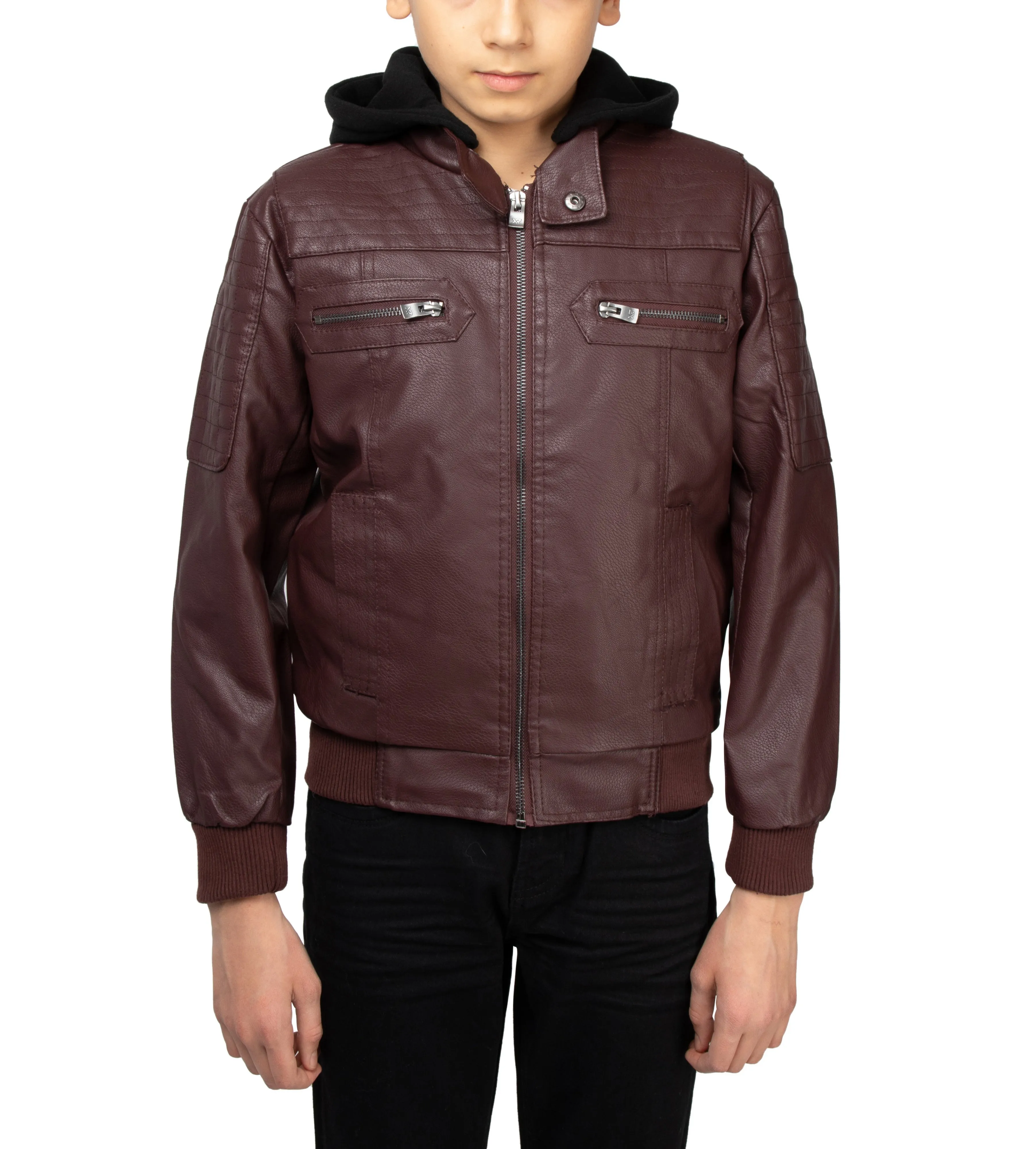 X RAY Boys Motorcycle PU Leather Jacket With Knit Hood